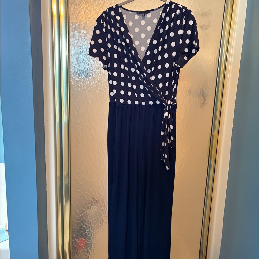 Tiana B. Navy and White Polka Dot pantsuit
